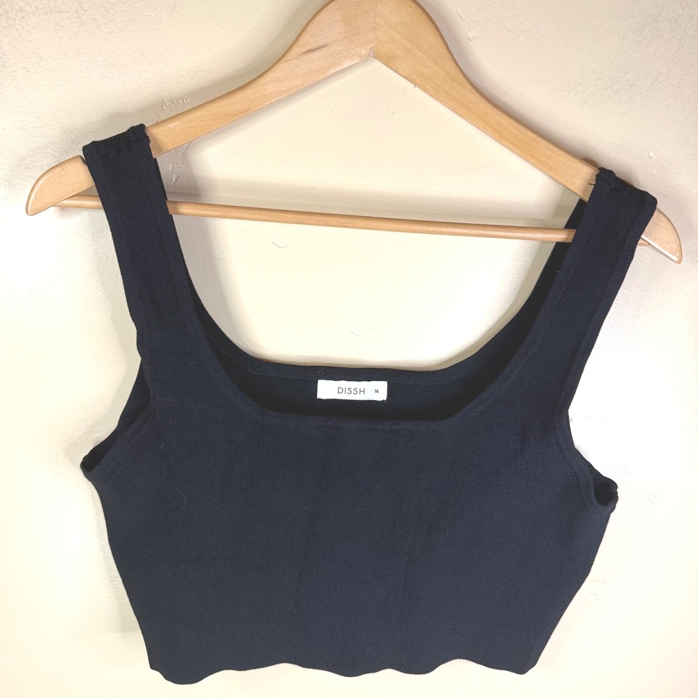 DISSH Ribbed Knit Cropped Tank Top Square Neck Black Size‎ 14 Goth Rayon Nylon